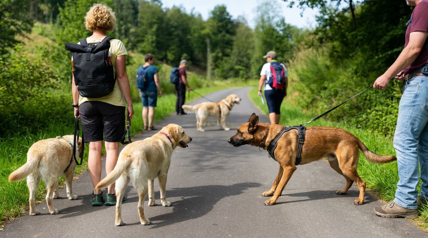 Begleitetes Coaching in einer echten Alltagssituation: mehrere Mensch-Hund-Teams bei einer Hundebegegnung auf einem Spazierweg