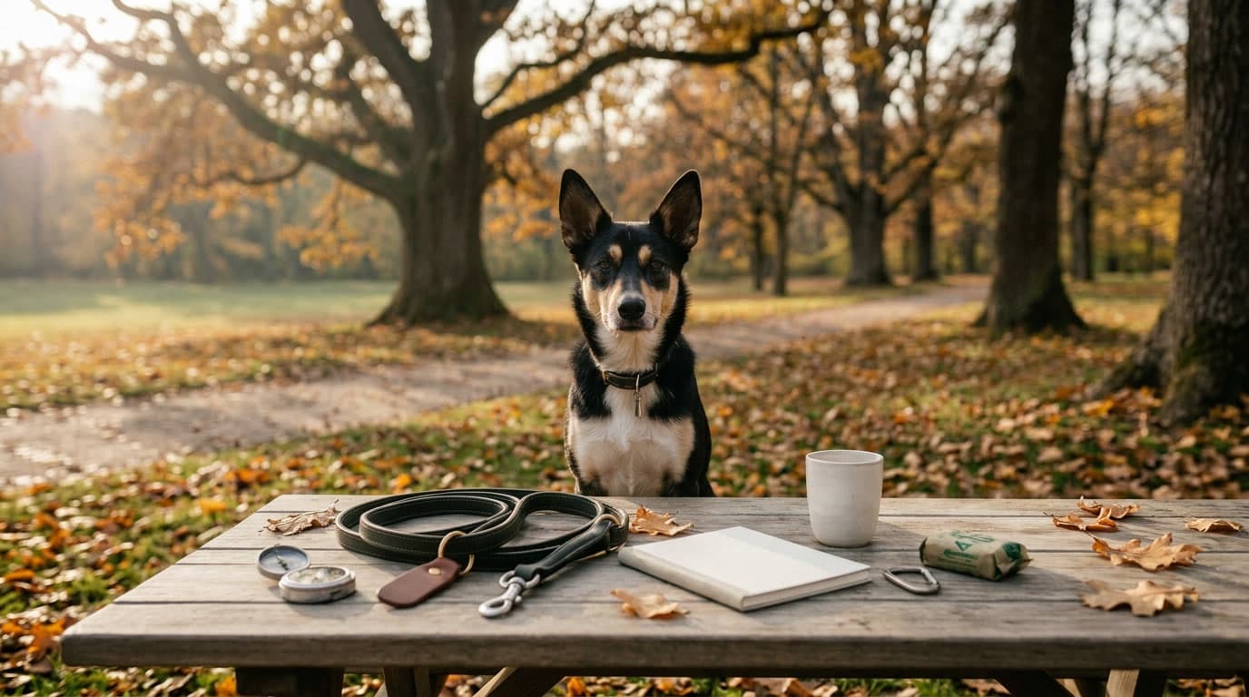 Ruhiger Moment in einem herbstlichen Park: Ein aufmerksamer Hund sitzt entspannt hinter einem Holztisch mit Leine, Notizbuch, Kompass und Tasse zwischen goldenem Laub und alten Eichen