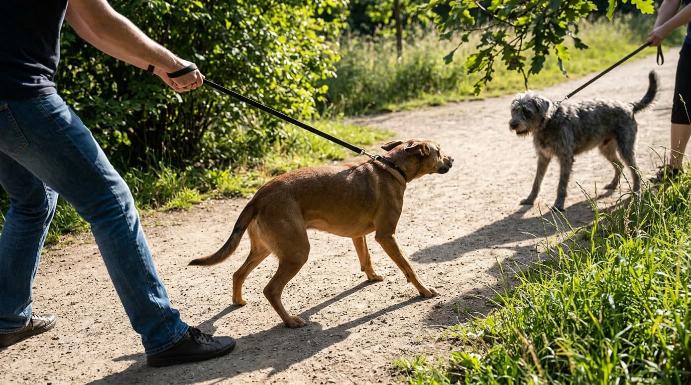 Angespannte Hundebegegnung an der Leine als typische Alltagssituation im Verhaltenscoaching